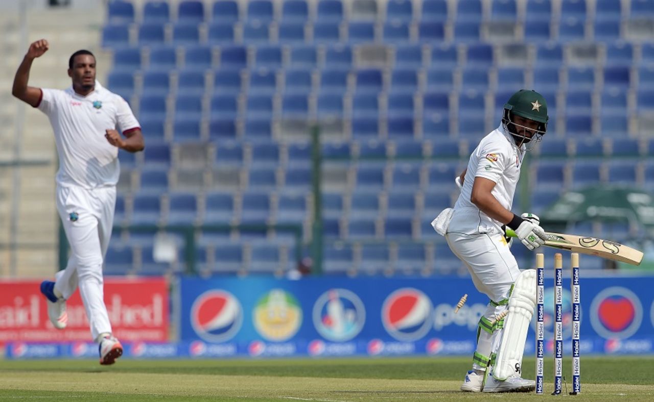 Shannon Gabriel celebrates after having Azhar Ali bowled off the inside edge, Pakistan v West Indies, 2nd Test, Abu Dhabi, 1st day, October 21, 2016