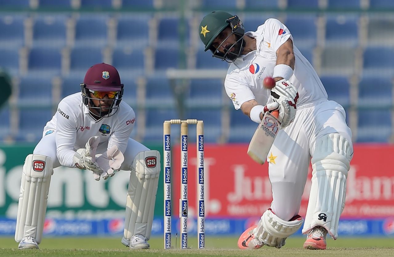 Pakistan captain Misbah-ul-Haq lofts one down the ground, Pakistan v West Indies, 2nd Test, Abu Dhabi, 1st day, October 21, 2016