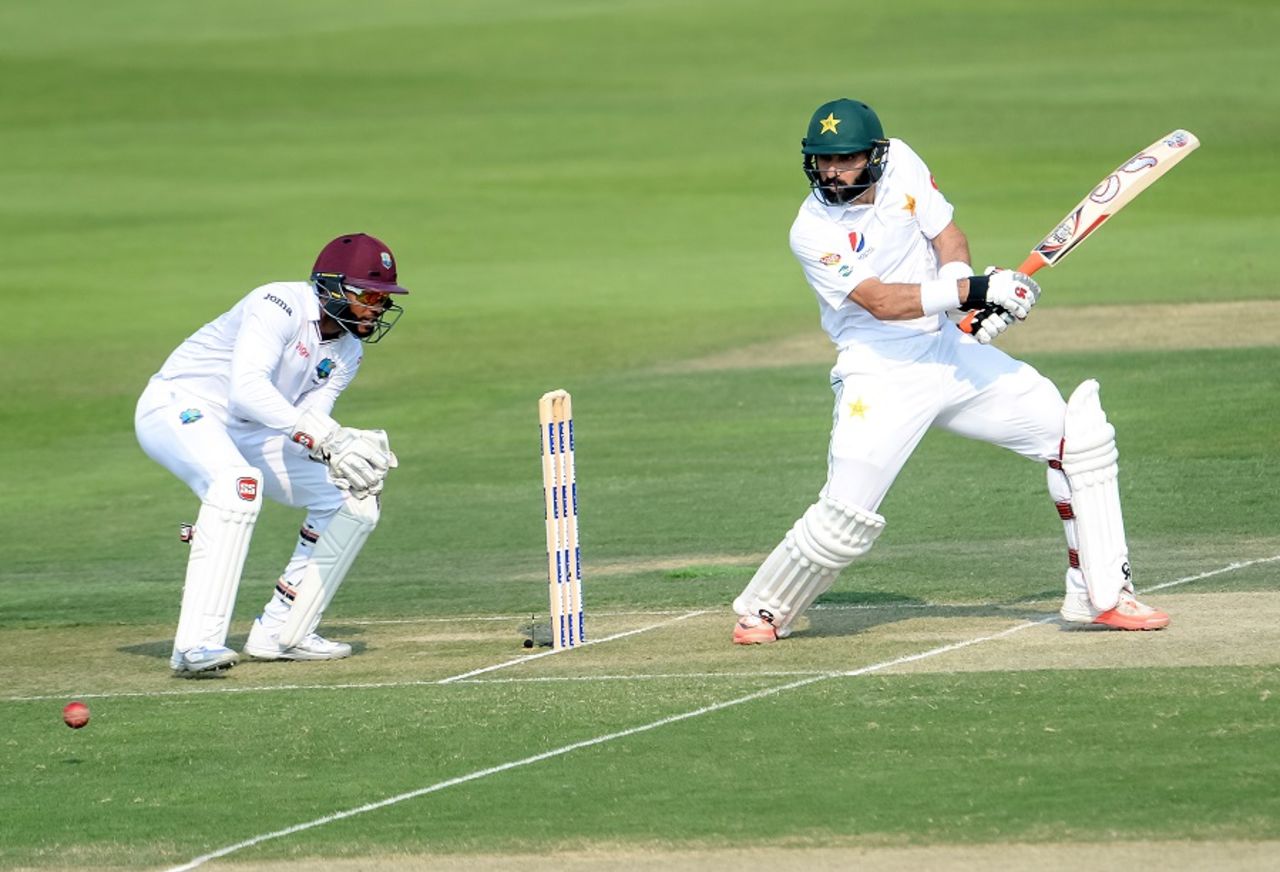Misbah-ul-Haq rocks back to cut the ball, Pakistan v West Indies, 2nd Test, Abu Dhabi, 1st day, October 21, 2016