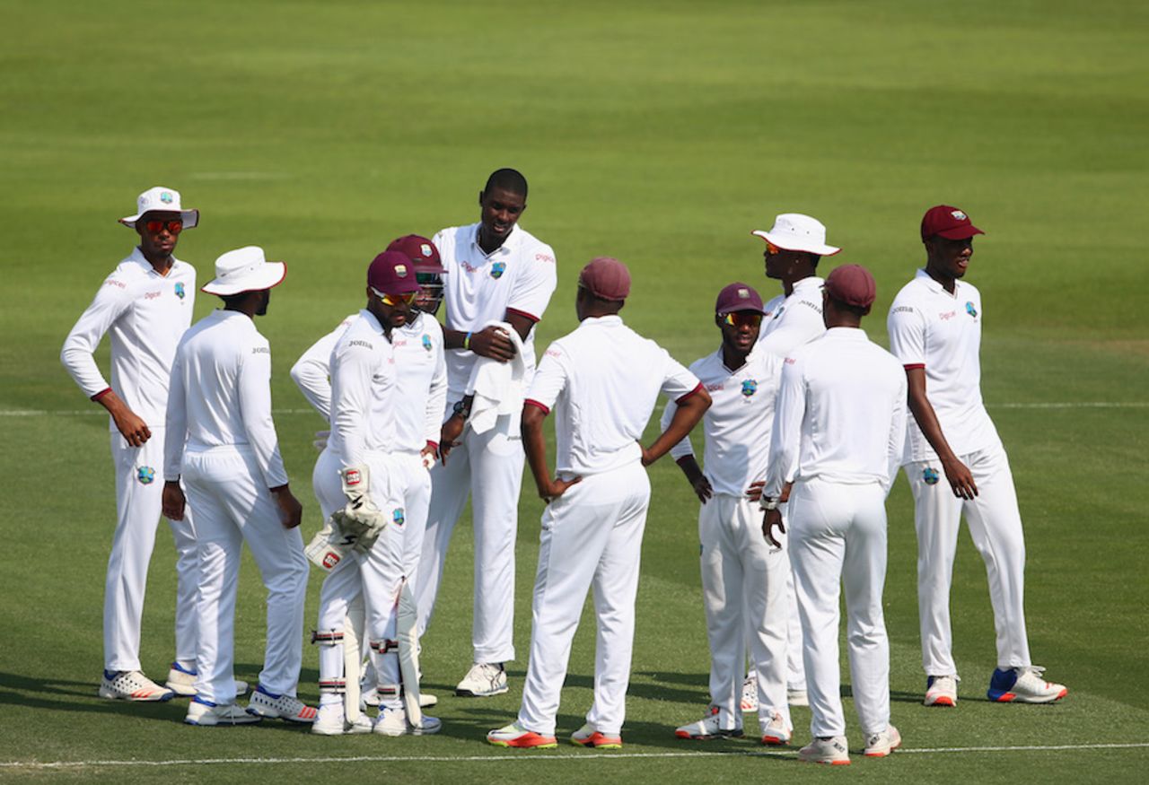 The West Indies players wait for a decision, Pakistan v West Indies, 2nd Test, Abu Dhabi, 2nd day, October 22, 2016