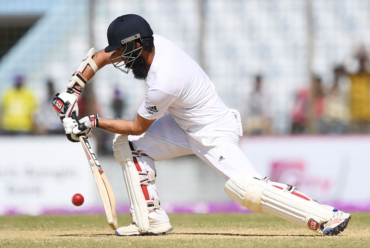 Moeen Ali gets well forward, Bangladesh v England, 1st Test, Chittagong, 3rd day, October 22, 2016
