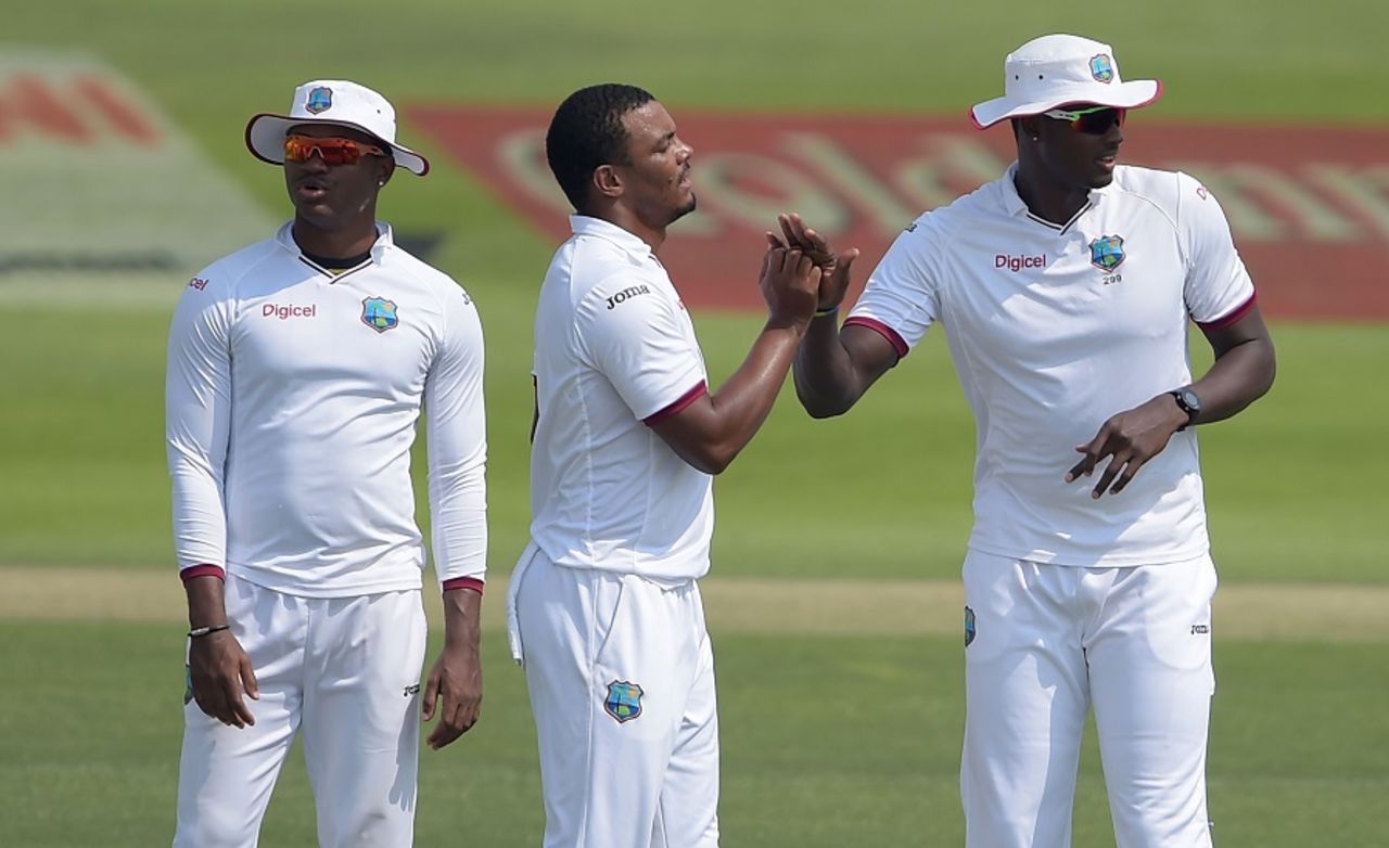 Shannon Gabriel takes a high-five from Jason Holder, Pakistan v West Indies, 2nd Test, Abu Dhabi, 2nd day, October 22, 2016