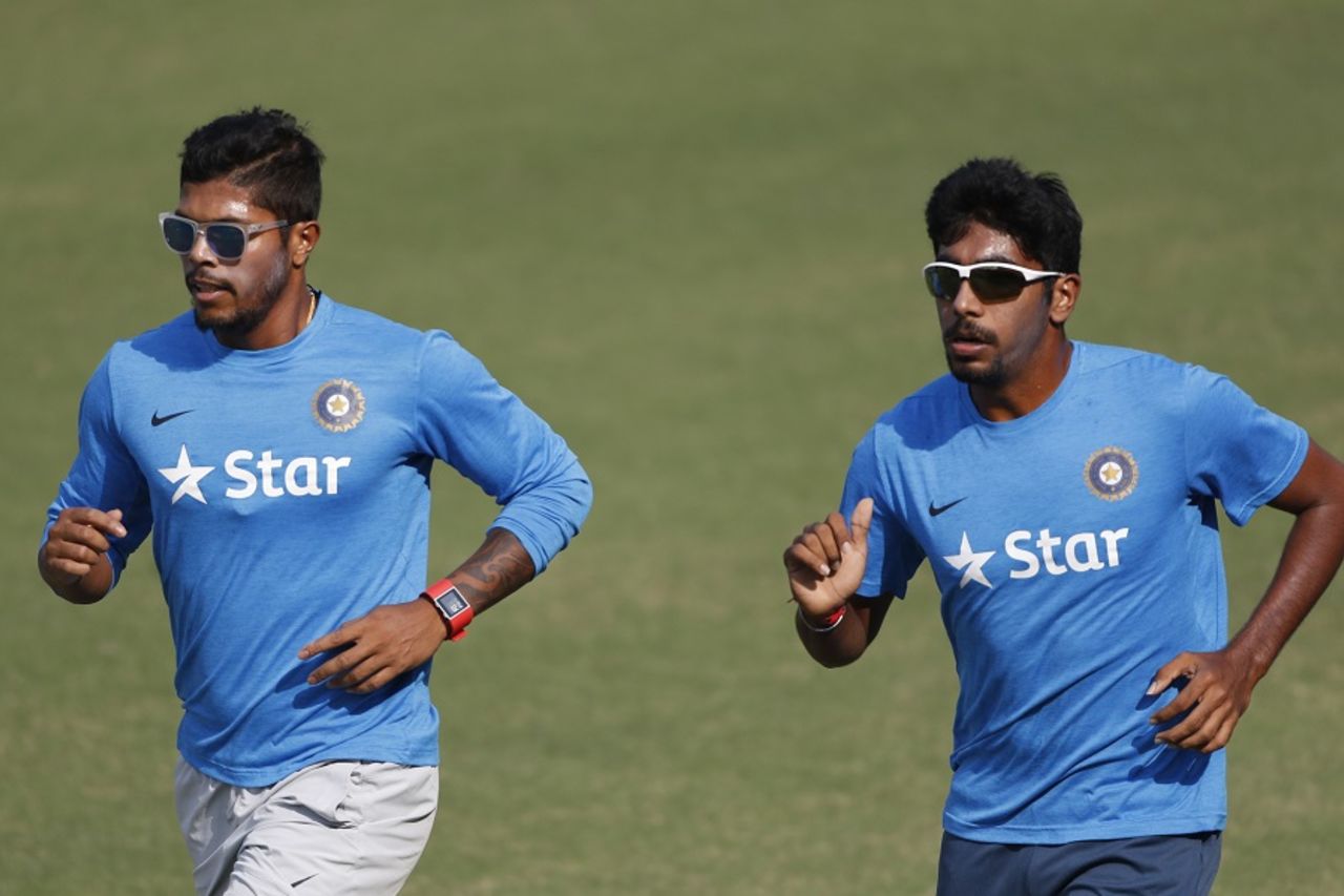 Umesh Yadav and Jasprit Bumrah train on the eve of the third ODI, Mohali, October 22, 2016