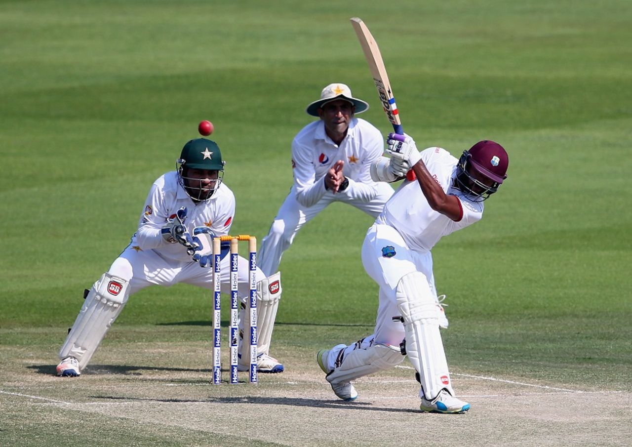 Nightwatchman Devendra Bishoo hits on the leg side, Pakistan v West Indies, 2nd Test, Abu Dhabi, 3rd day, October 23, 2016