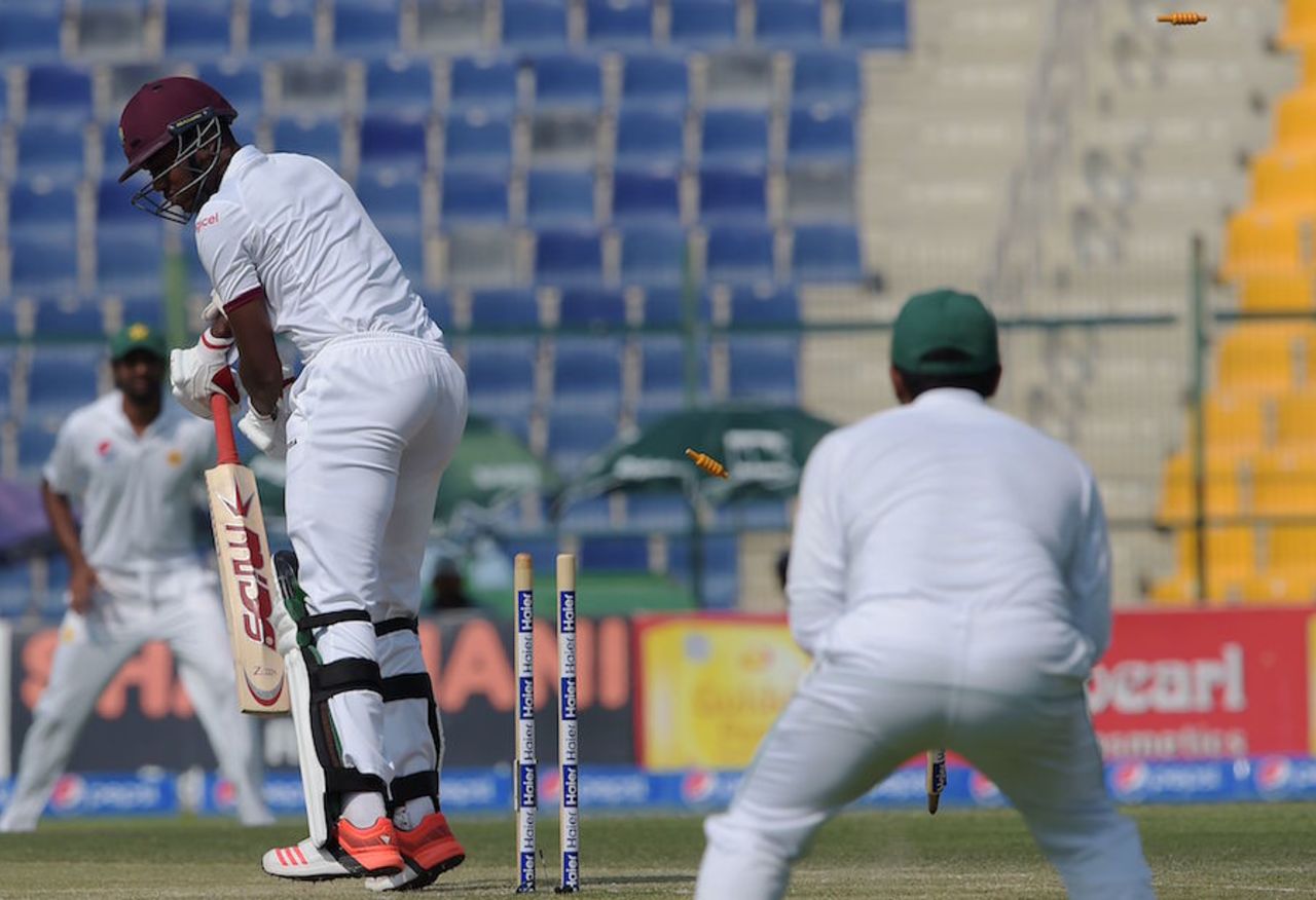 Miguel Cummins lost his off stump to Sohail Khan, Pakistan v West Indies, 2nd Test, Abu Dhabi, 3rd day, October 23, 2016