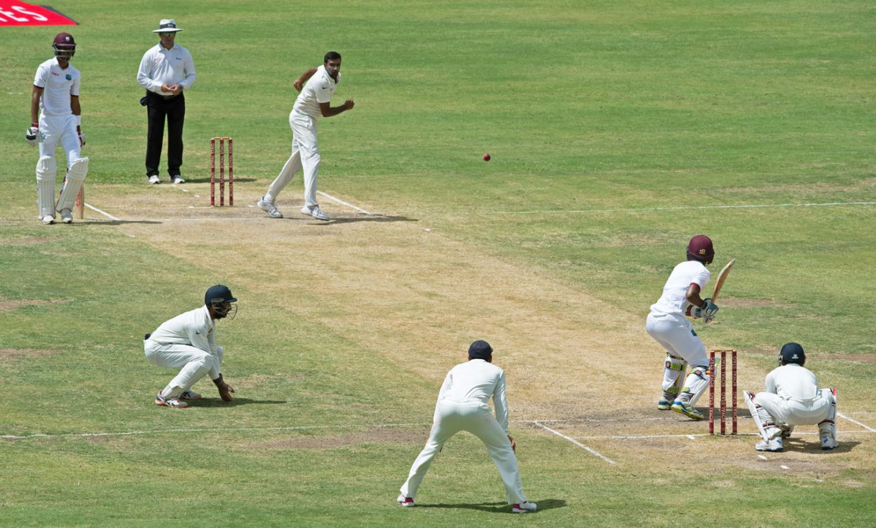 R Ashwin bowls to Kraigg Brathwaite , West Indies v India, 1st Test, Antigua, 3rd day, July 23, 2016
