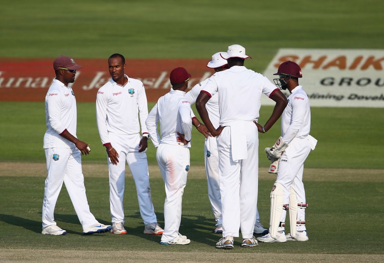 West Indies' players wait for a pending decision, Pakistan v West Indies, 2nd Test, Abu Dhabi, 3rd day, October 23, 2016