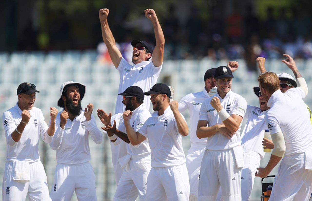 England exult after a review goes their way, Bangladesh v England, 1st Test, Chittagong, 5th day, October 24, 2016