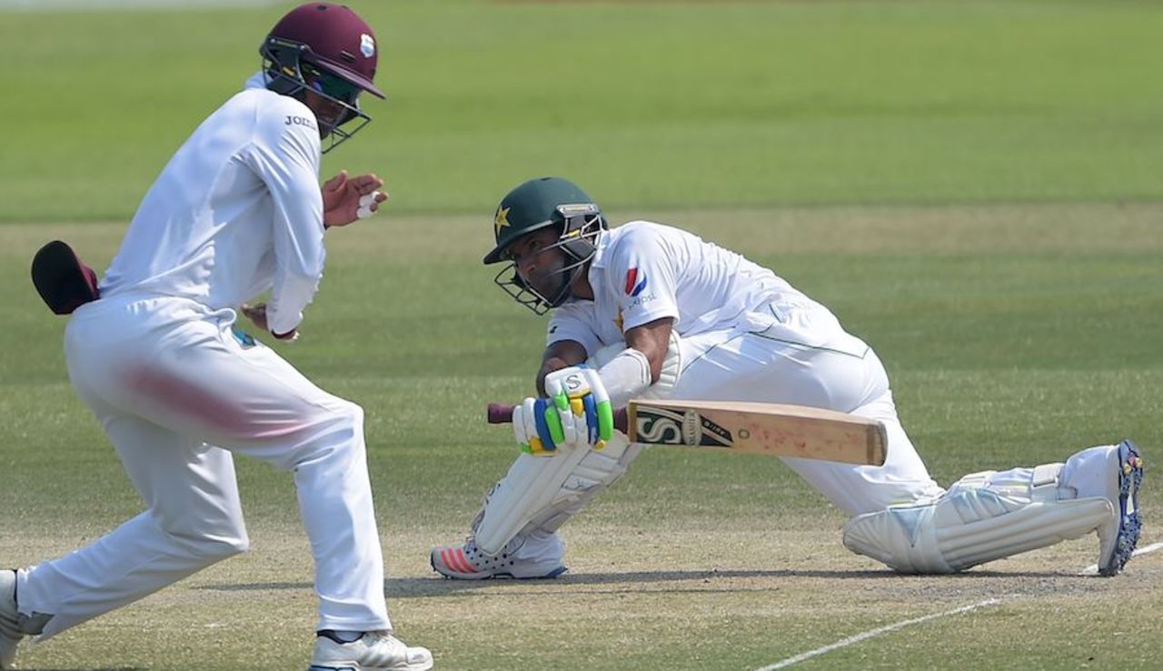 Asad Shafiq sends short leg hurrying for cover, Pakistan v West Indies, 2nd Test, Abu Dhabi, 4th day, October 24, 2016