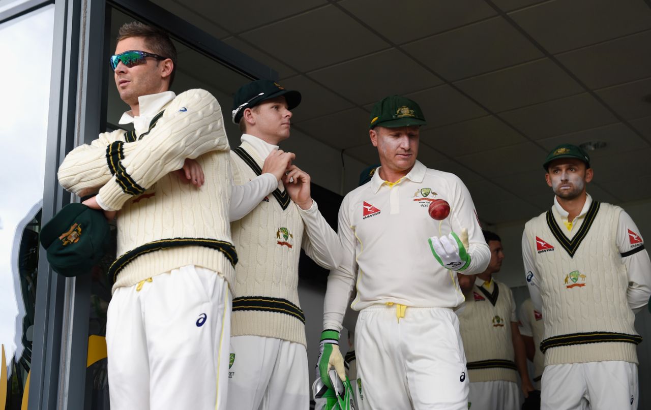 Michael Clarke, Steven Smith, Brad Haddin and Nathan Lyon wait to walk on to the field, England v Australia, 1st Investec Ashes Test, Cardiff, 1st day, July 8, 2015