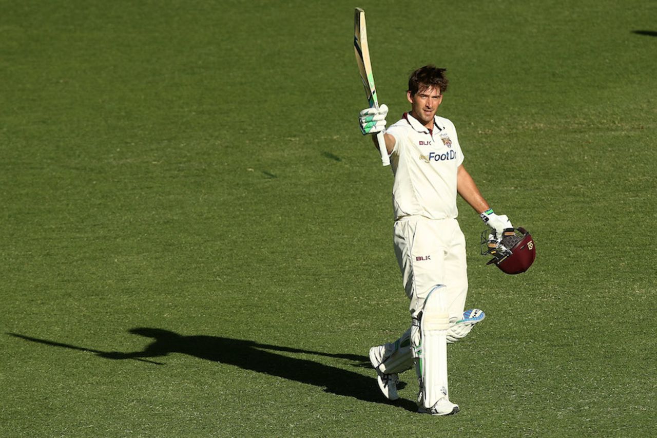 Joe Burns celebrates his 12th first-class hundred, Queensland v New South Wales, Sheffield Shield 2016-17, 2nd day, Brisbane, October 26, 2016