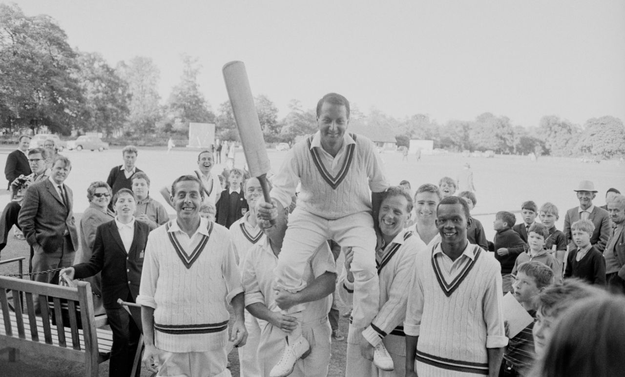 Basil D'Oliveira is hoisted onto the shoulders of his Worcestershire team-mates, May 1966