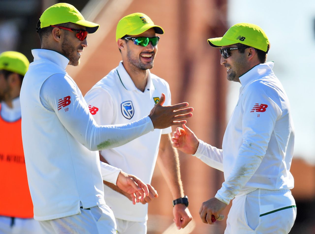 Faf du Plessis, Stephen Cook and Dean Elgar celebrate a wicket, South Australia XI v South Africans, Adelaide, 2nd day, October 28, 2016