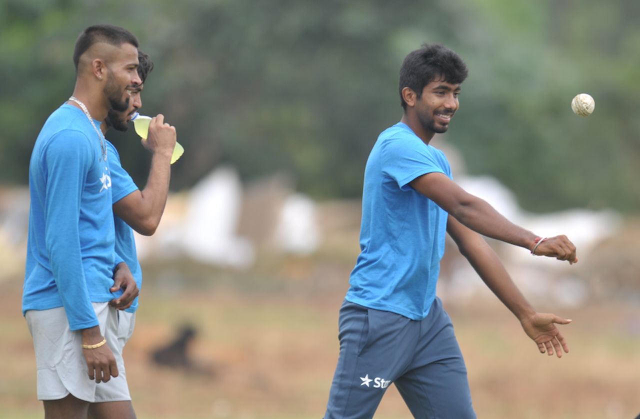 Jasprit Bumrah and Hardik Pandya at a training session on the eve of the fifth ODI against New Zealand, Visakhapatnam, October 28, 2016