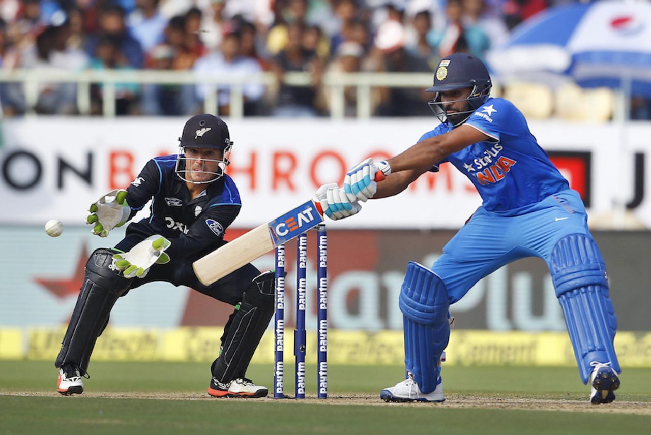 Rohit Sharma goes back to guide the ball, India v New Zealand, 5th ODI, Visakhapatnam, October 29, 2016