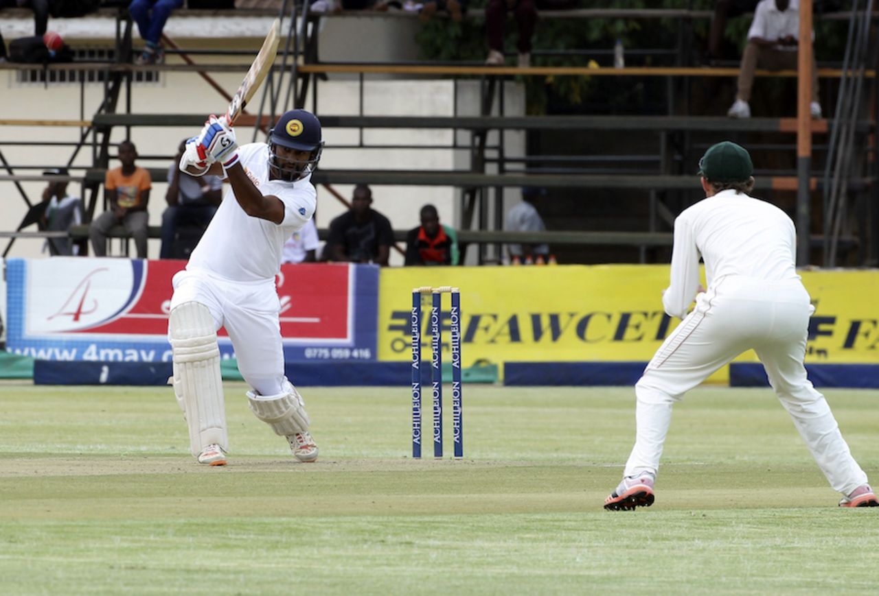 Dimuth Karunaratne drives the ball down the ground, Zimbabwe v Sri Lanka, 1st Test, Harare, 1st day, October 29, 2016