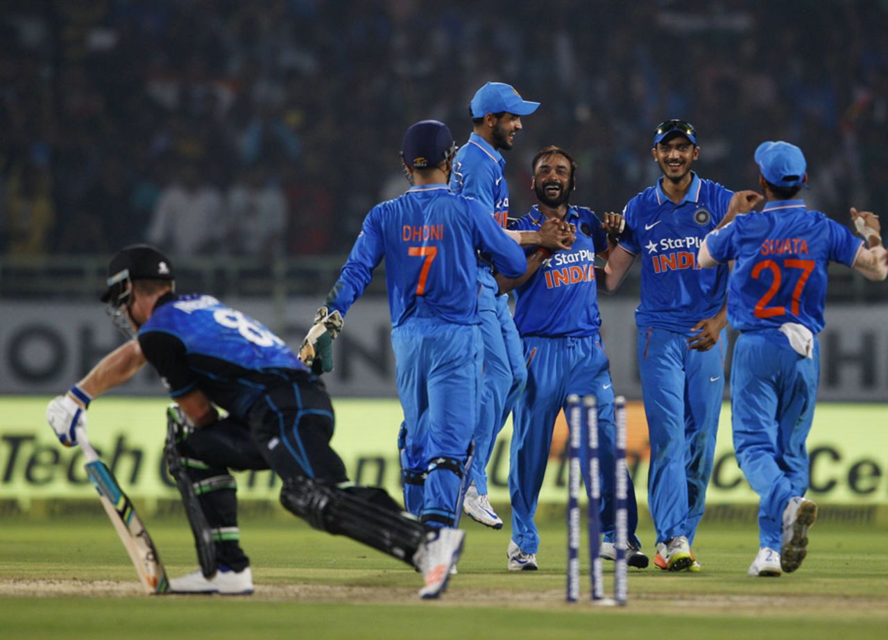 Amit Mishra celebrates after knocking James Neesham's middle stump, India v New Zealand, 5th ODI, Visakhapatnam, October 29, 2016