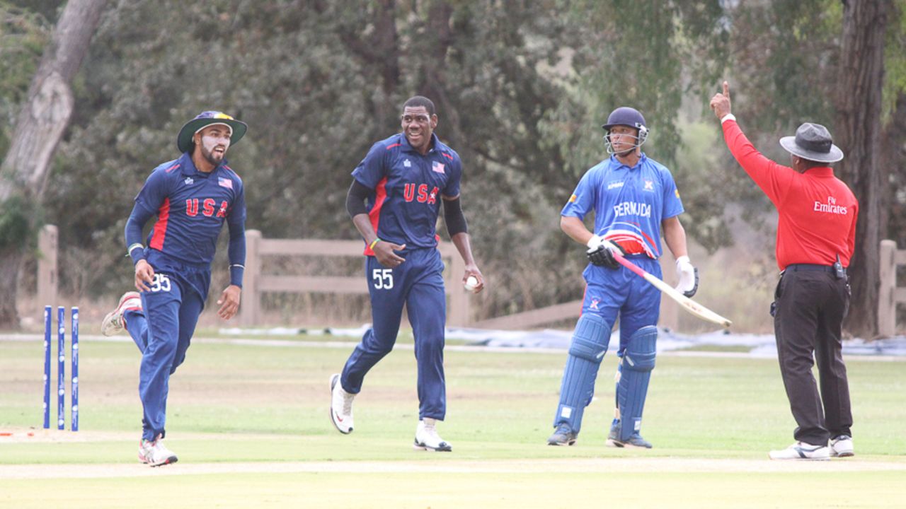 USA celebrates the runout of Steven Bremar, USA v Bermuda, ICC World Cricket League Division Four, Los Angeles, October 29, 2016