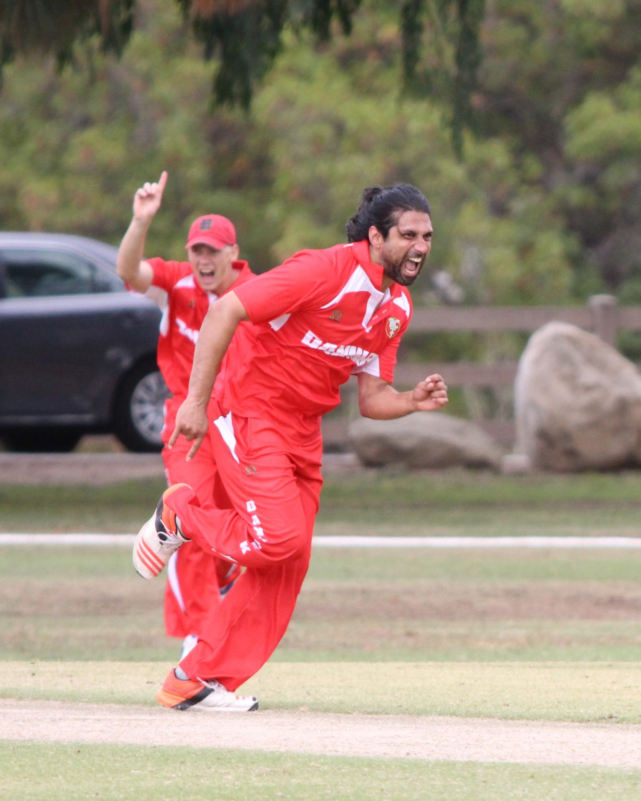 Amjad Khan celebrates the wicket of Manpreet Singh, Denmark v Italy, ICC World Cricket League Division Four, Los Angeles, October 29, 2016