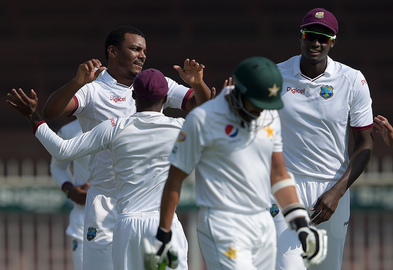 Shannon Gabriel is pumped after picking up a wicket in the first over, Pakistan v West Indies, 3rd Test, Sharjah, 1st day, October 30, 2016