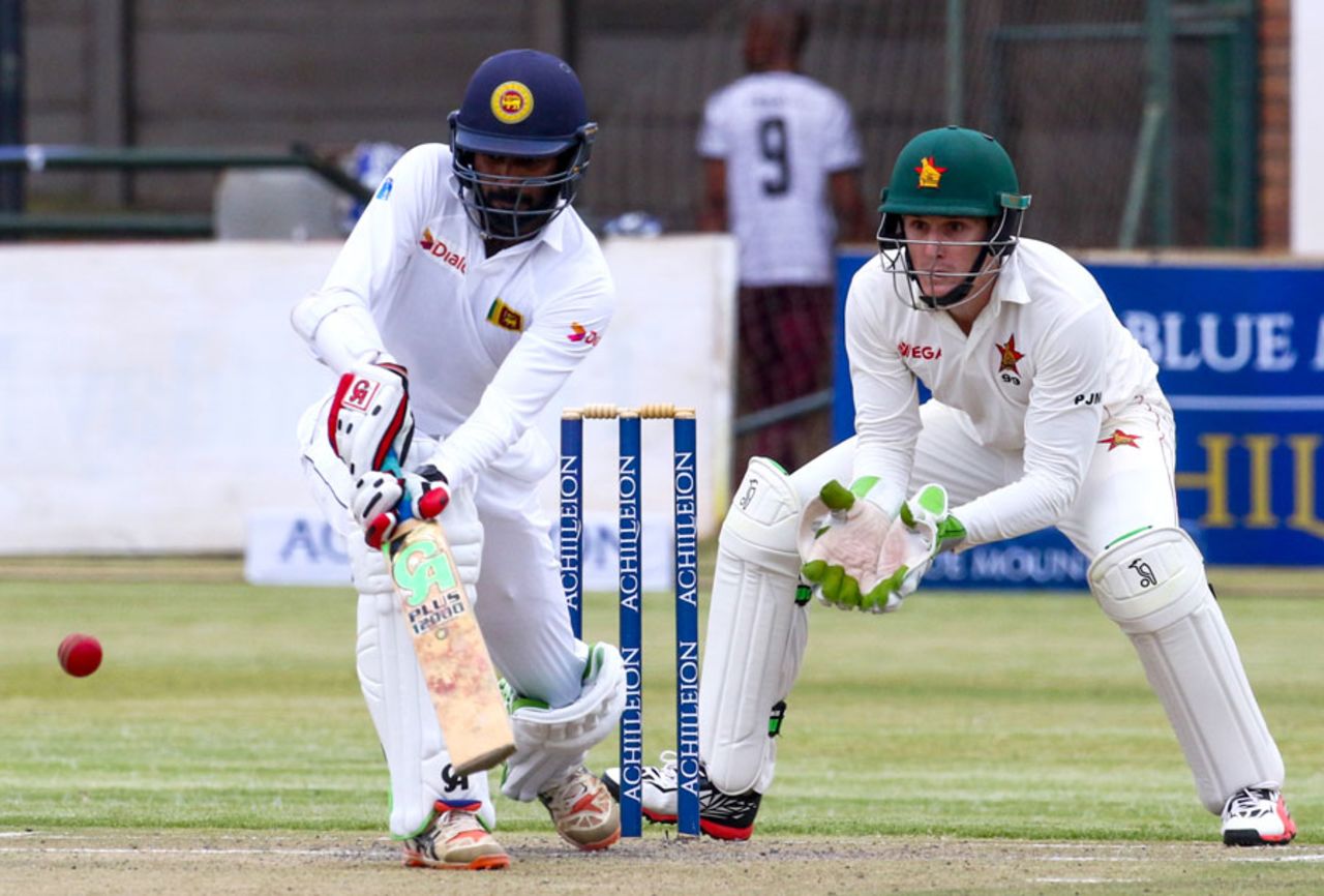 Upul Tharanga taps one down the pitch, Zimbabwe v Sri Lanka, 1st Test, Harare, 2nd day, October 30, 2016