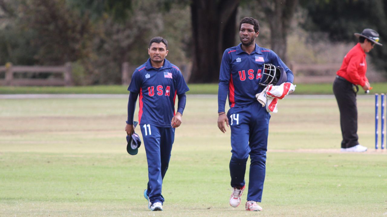 Timil Patel walks off with Akeem Dodson after taking 5 for 29, USA v Bermuda, ICC World Cricket League Division Four, Los Angeles, October 29, 2016