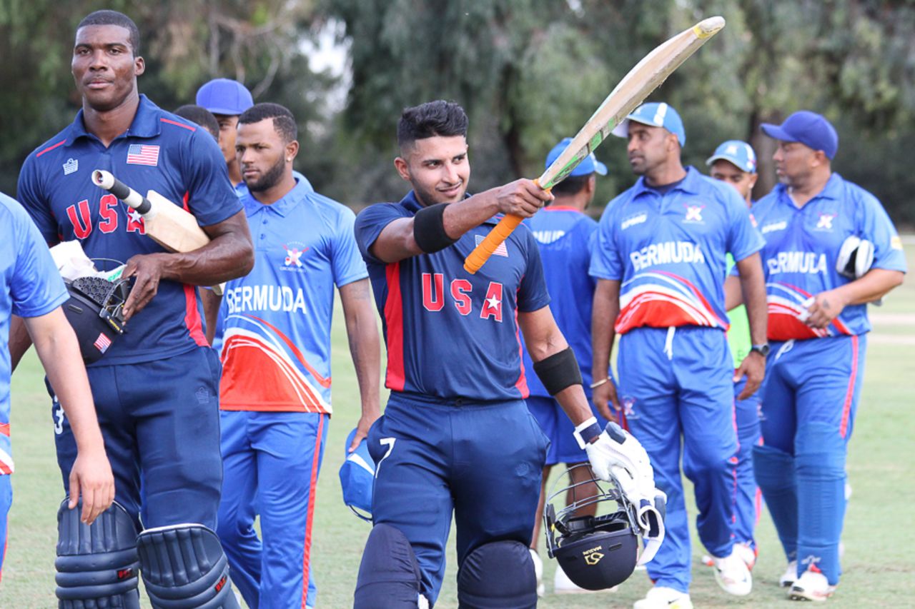 Fahad Babar acknowledges the USA fans after walking off unbeaten on 70, USA v Bermuda, ICC World Cricket League Division Four, Los Angeles, October 29, 2016