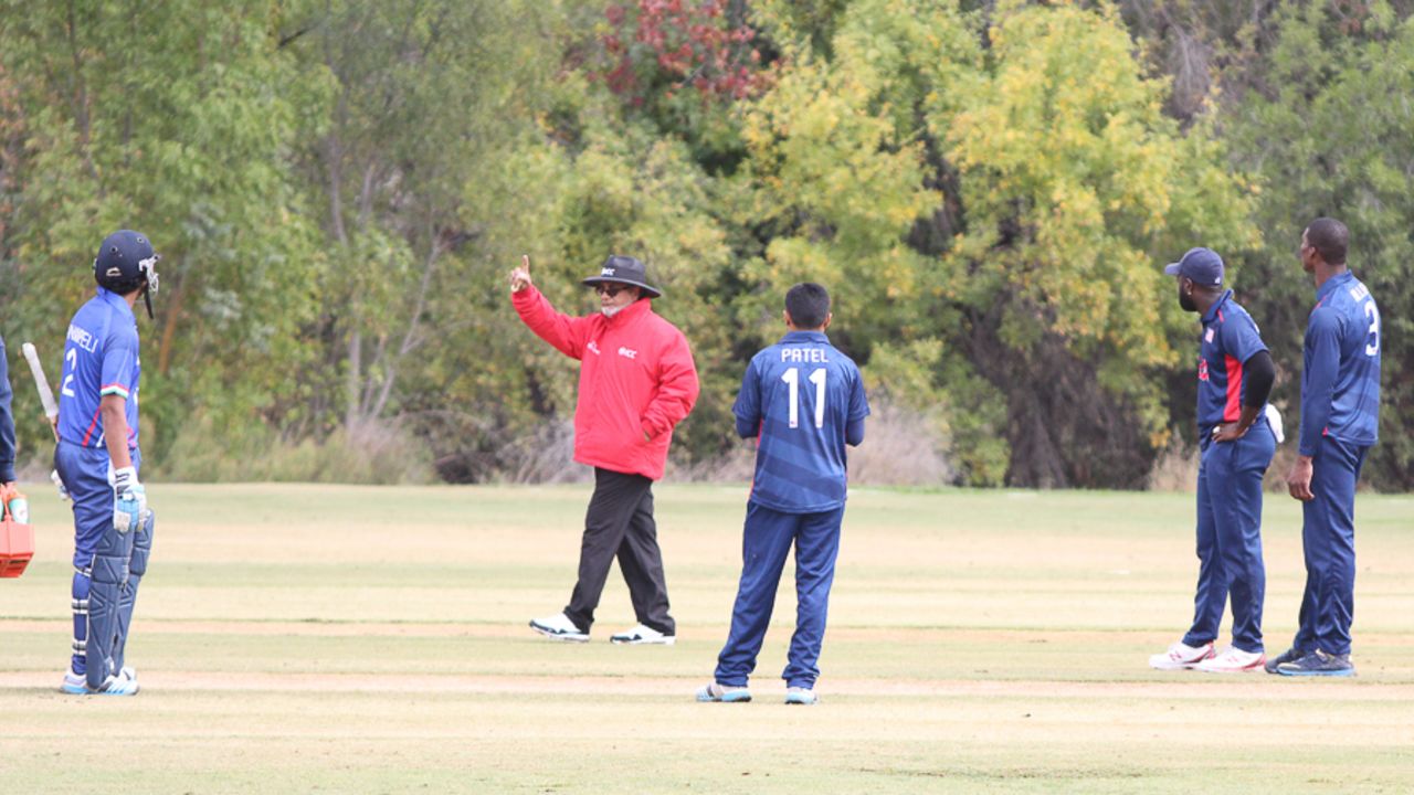 Supun Tharanga is given out by umpire Iftikhar Ali after leaving his crease prematurely to celebrate Manpreet Singh's fifty, USA v Italy, ICC World Cricket League Division Four, Los Angeles, October 30, 2016