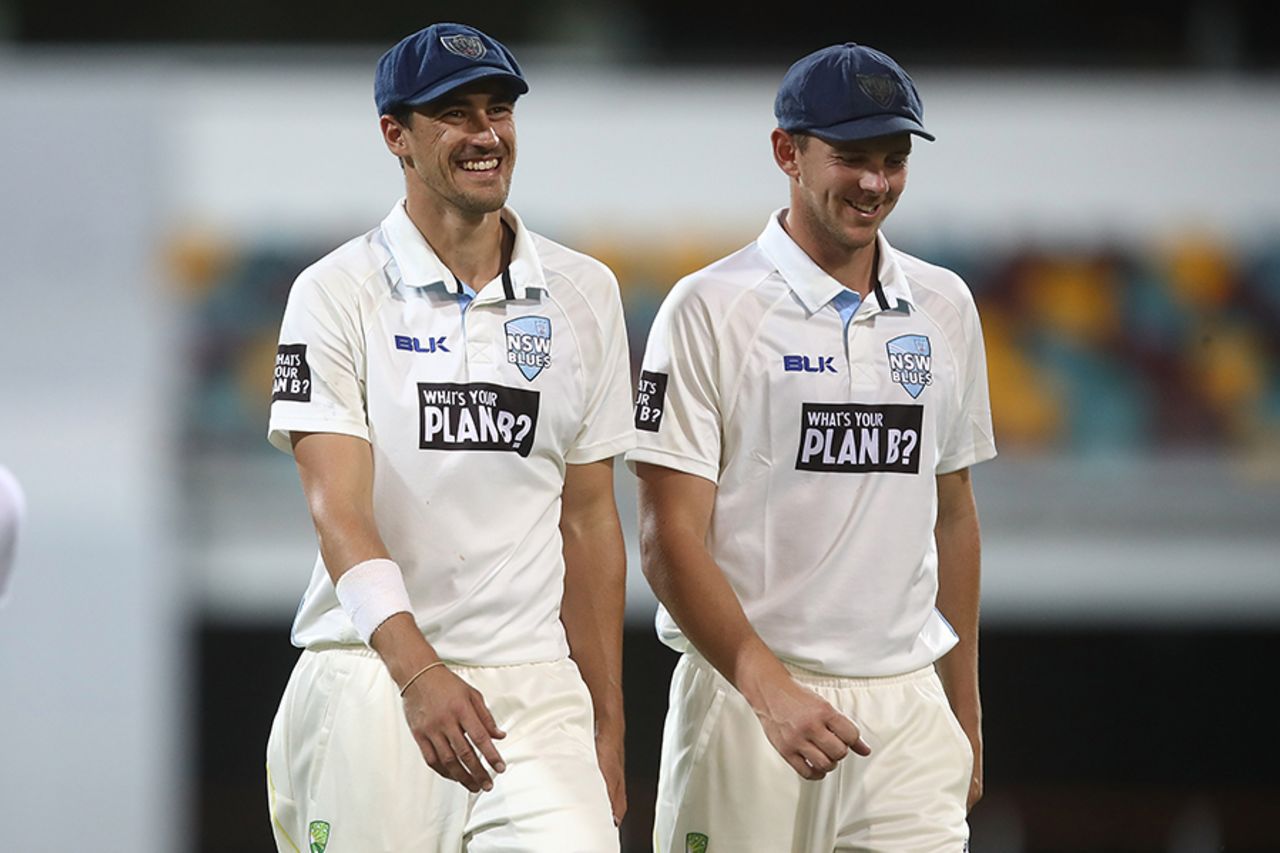 Mitchell Starc and Josh Hazlewood share a laugh, Queensland v New South Wales, Sheffield Shield 2016-17, Brisbane, 1st day, October 26, 2016