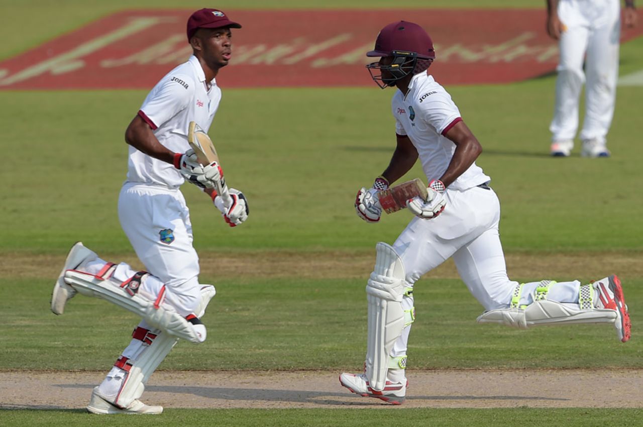 Roston Chase and Kraigg Brathwaite complete a run during their partnership of 83, Pakistan v West Indies, 3rd Test, Sharjah, 2nd day, October 31, 2016