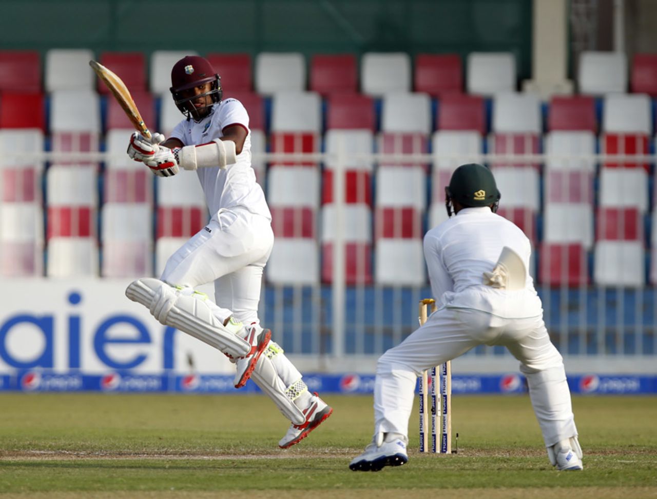 Kraigg Brathwaite plays a short-arm jab late in the day, Pakistan v West Indies, 3rd Test, Sharjah, 2nd day, October 31, 2016