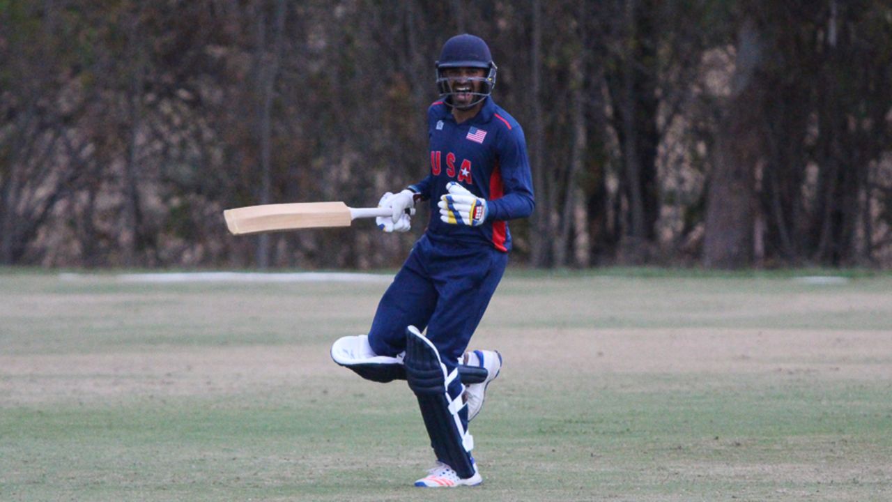 Danial Ahmed celebrates after hitting the winning single, USA v Italy, ICC World Cricket League Division Four, Los Angeles, October 30, 2016