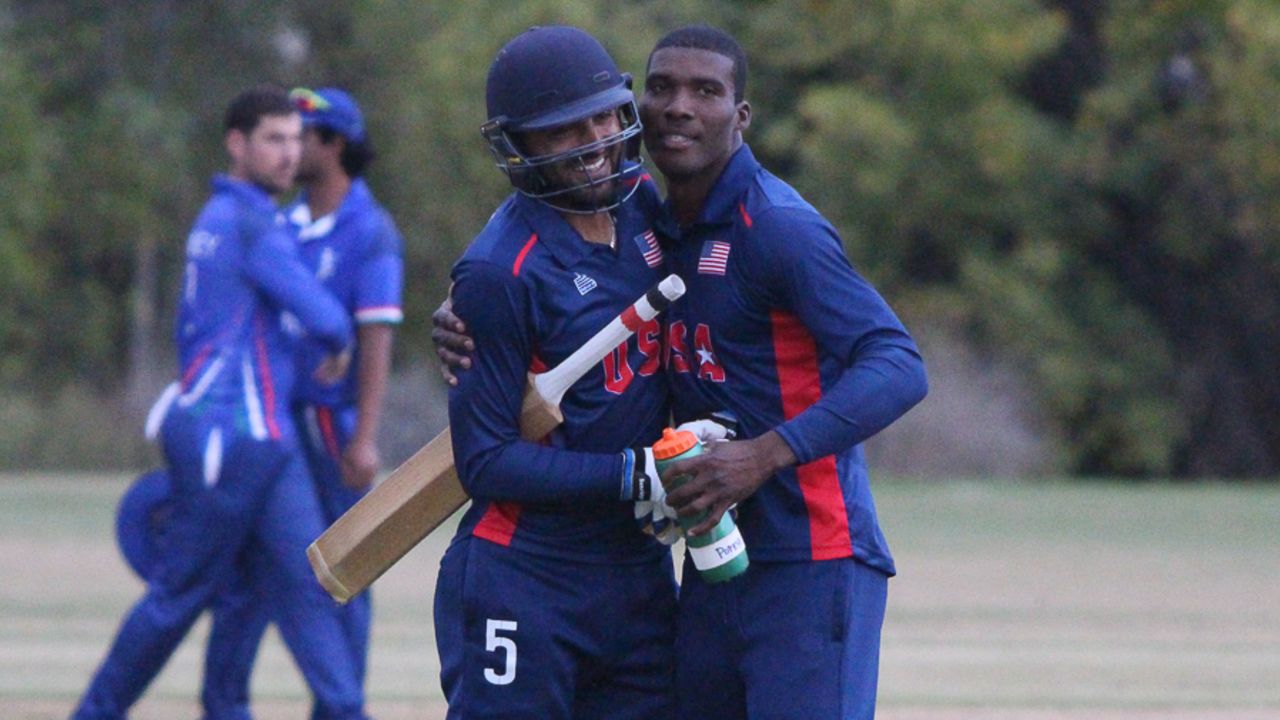 Danial Ahmed gets a hug from Timroy Allen after hitting the winning run, USA v Italy, ICC World Cricket League Division Four, Los Angeles, October 30, 2016