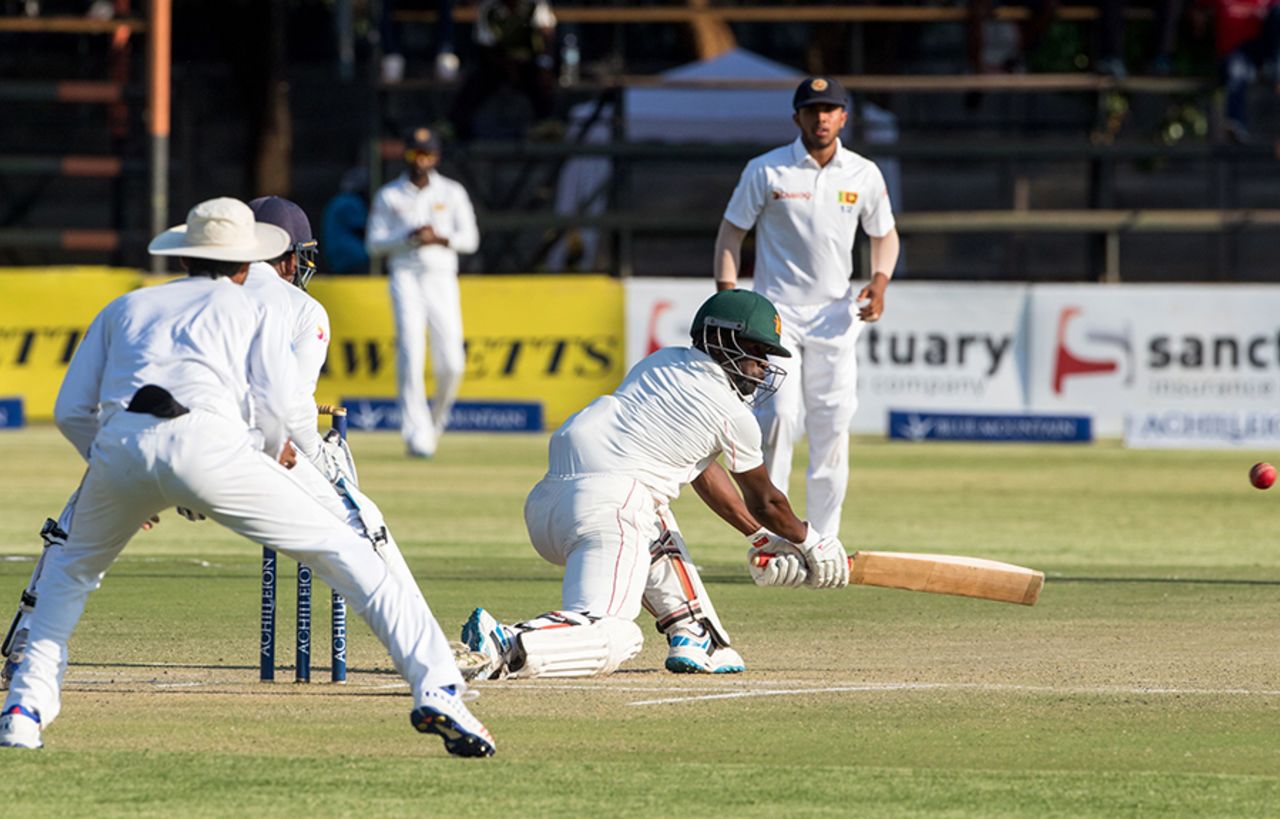 Donald Tiripano plays a reverse sweep, Zimbabwe v Sri Lanka, 1st Test, Harare, 3rd day, October 31, 2016