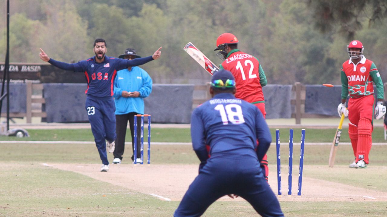 Ali Khan bowls Zeeshan Maqsood in the first over for a duck, USA v Oman, ICC World Cricket League Division Four, Los Angeles, November 1, 2016