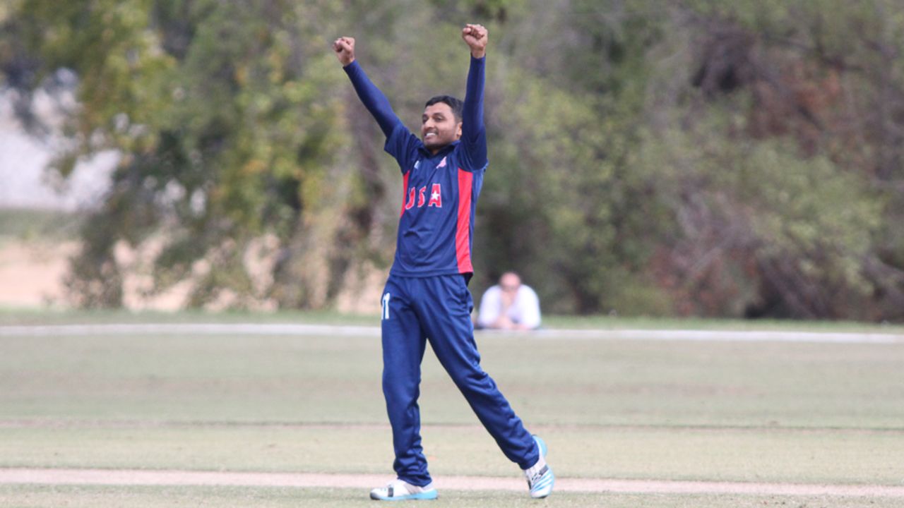 Timil Patel celebrates after claiming his second five-for of the tournament, USA v Oman, ICC World Cricket League Division Four, Los Angeles, November 1, 2016