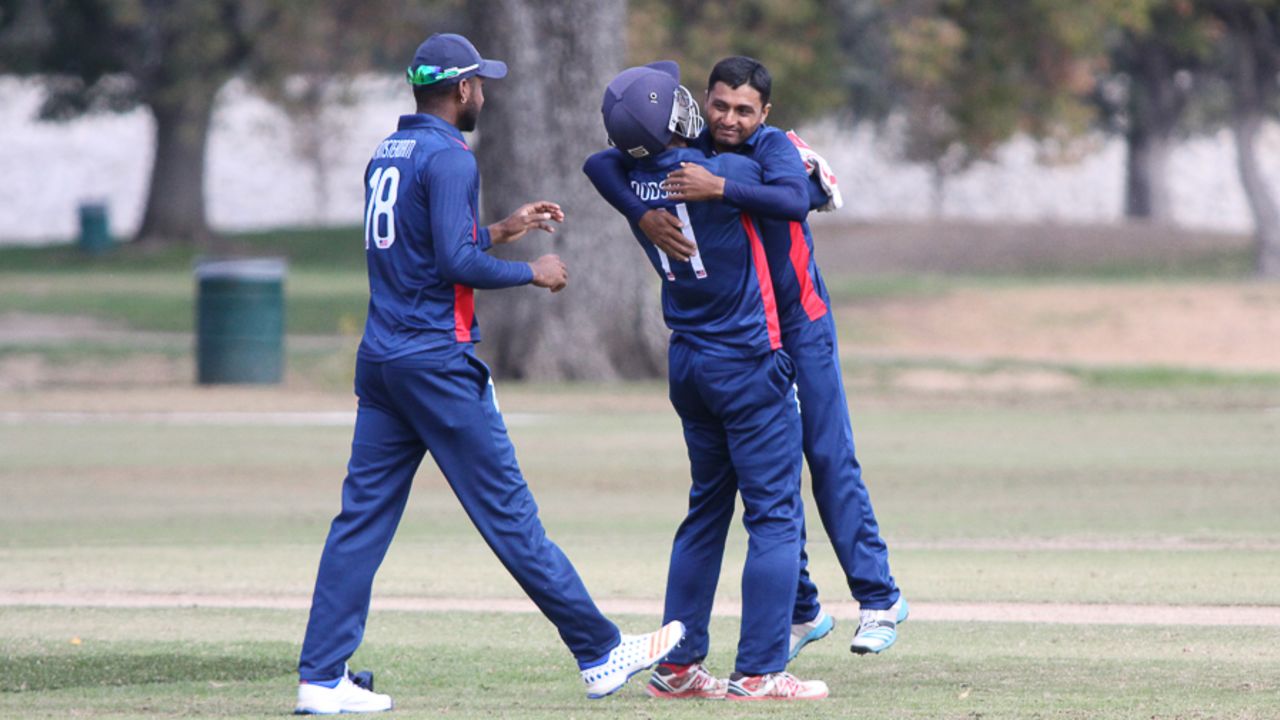 Timil Patel gets hugged by Akeem Dodson after taking a five-for, USA v Oman, ICC World Cricket League Division Four, Los Angeles, November 1, 2016