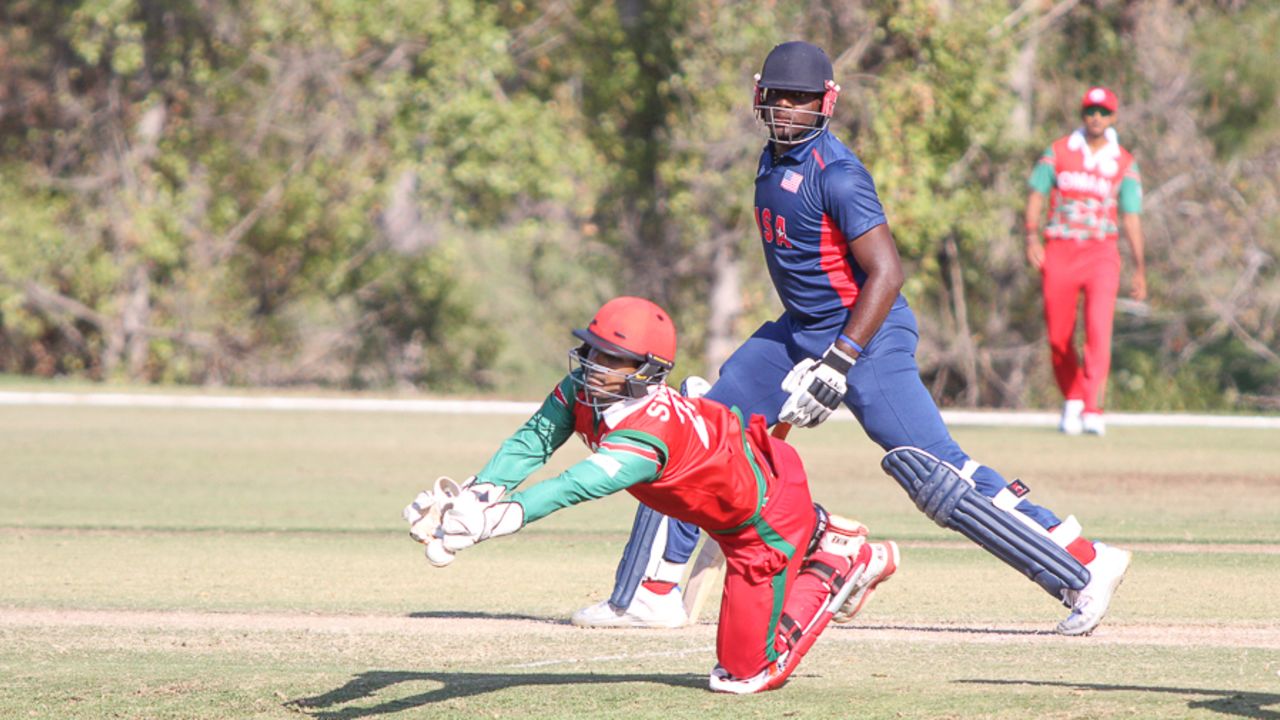 Swapnil Khadye can't hold onto a chance with Steven Taylor on 66, USA v Oman, ICC World Cricket League Division Four, Los Angeles, November 1, 2016