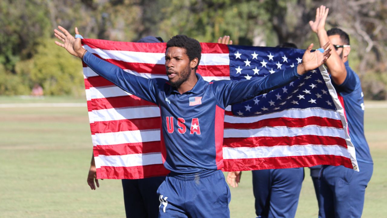 Akeem Dodson celebrates after USA's victory, USA v Oman, ICC World Cricket League Division Four, Los Angeles, November 1, 2016