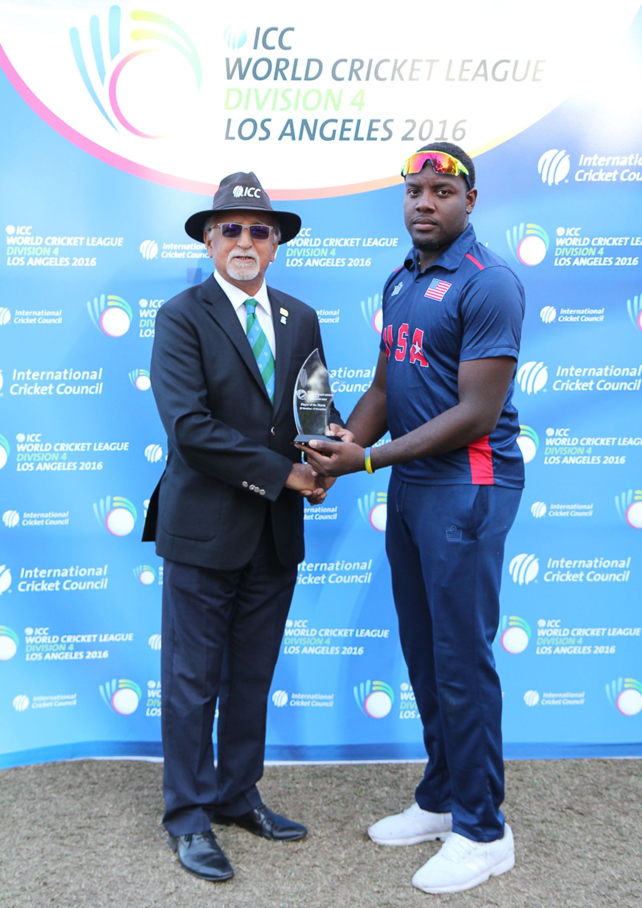 Steven Taylor receives his Man of the Match award from Dev Govindjee, USA v Oman, ICC World Cricket League Division Four, Los Angeles, November 1, 2016