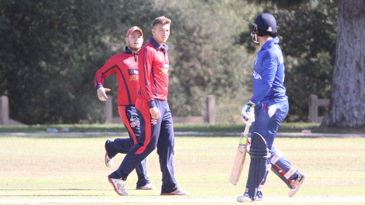 Ben Kynman and Damian Crowley get into an exchange after Crowley's dismissal, Italy v Jersey, ICC World Cricket League Division Four, Los Angeles, November 1, 2016