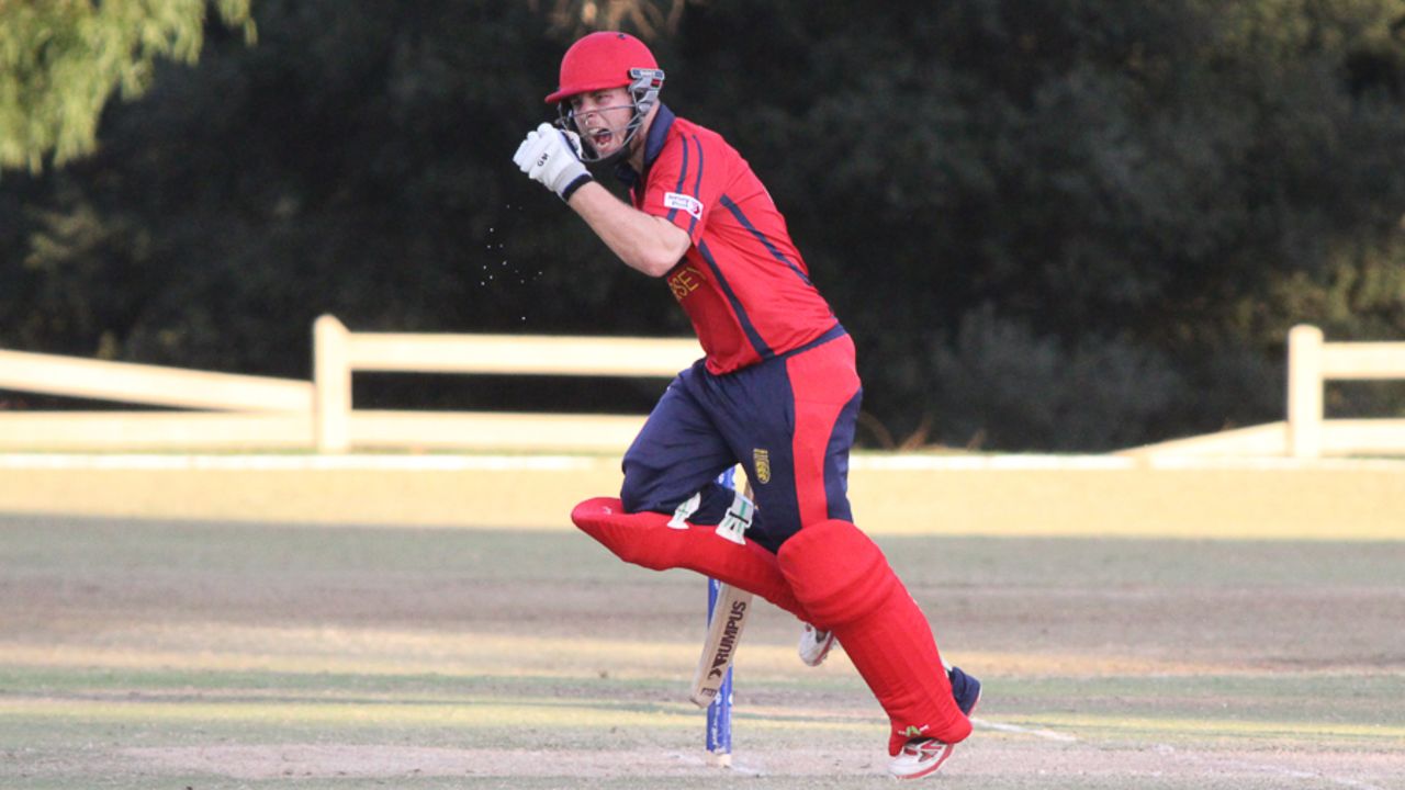Corey Bisson roars after completing the winning run, Italy v Jersey, ICC World Cricket League Division Four, Los Angeles, November 1, 2016