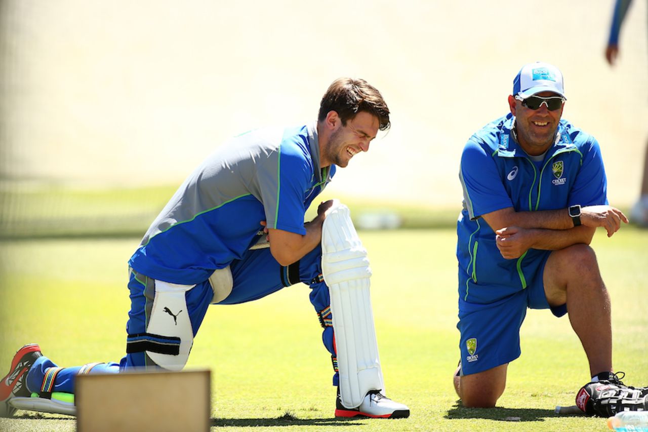 Darren Lehmann and Mitchell Marsh have a laugh during practice, Perth, November 2, 2016