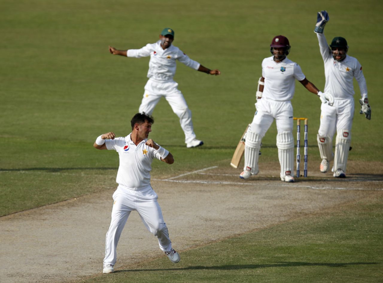Yasir Shah celebrates after trapping Leon Johnson in front, Pakistan v West Indies, 3rd Test, Sharjah, 4th day, November 2, 2016