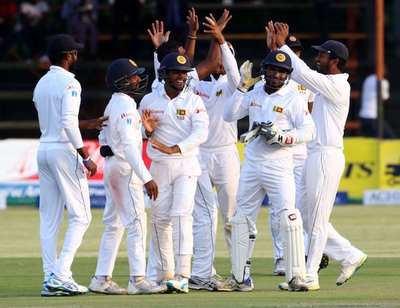 The Sri Lankan players celebrate victory in the final hour, Zimbabwe v Sri Lanka, 1st Test, Harare, 5th day, November 2, 2016