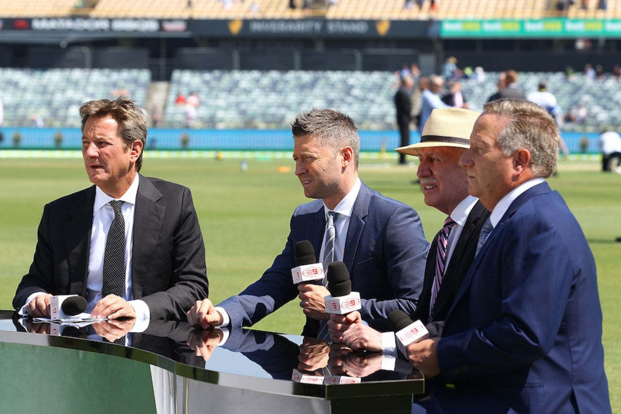 Mark Nicholas, Michael Clarke, Ian Chappell and Ian Healy sit together before the start of play, Australia v South Africa, 1st Test, Perth, 1st day, November 3, 2016