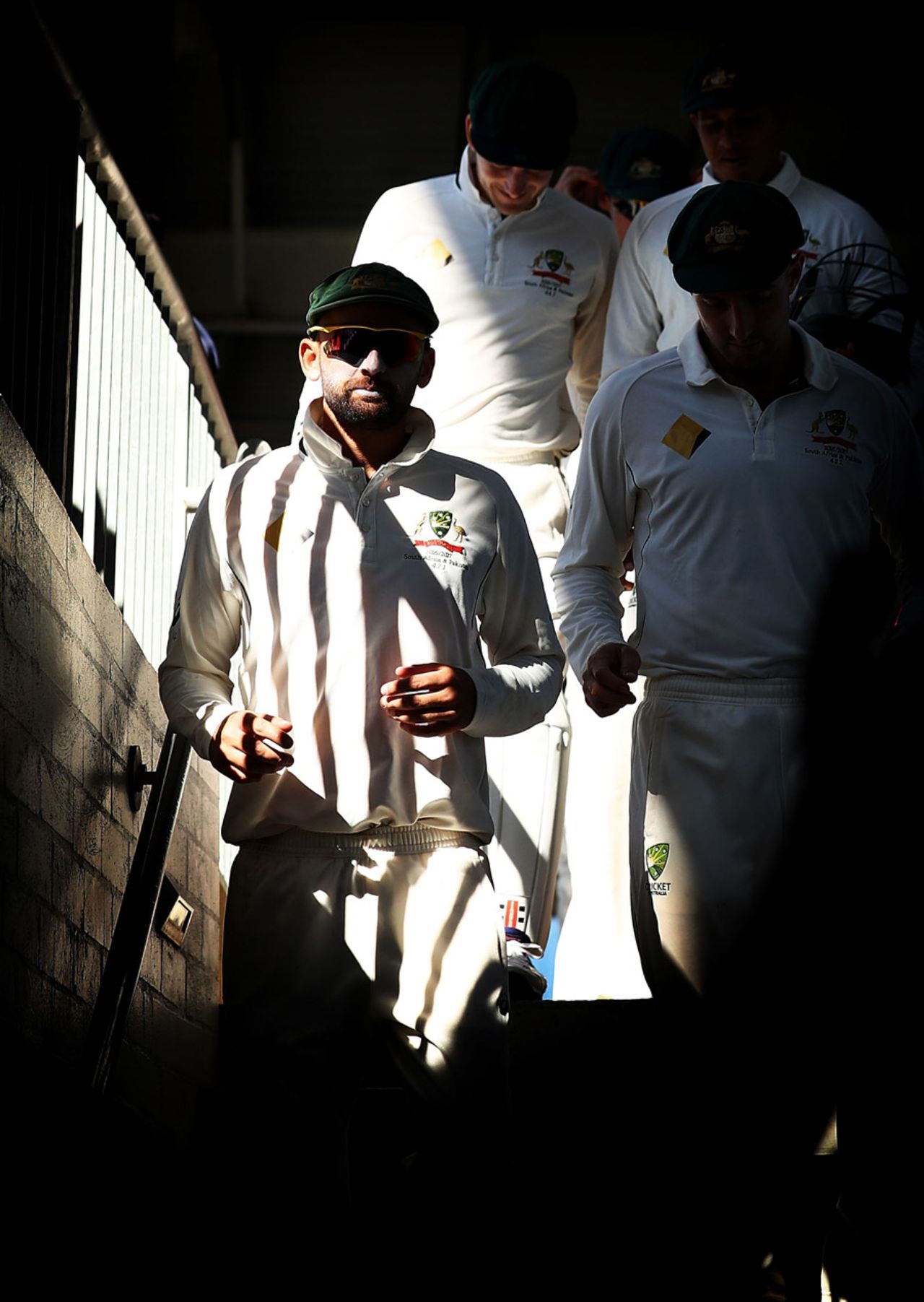 Nathan Lyon walks out to the middle with his team mates, Australia v South Africa, 1st Test, Perth, 1st day, November 3, 2016