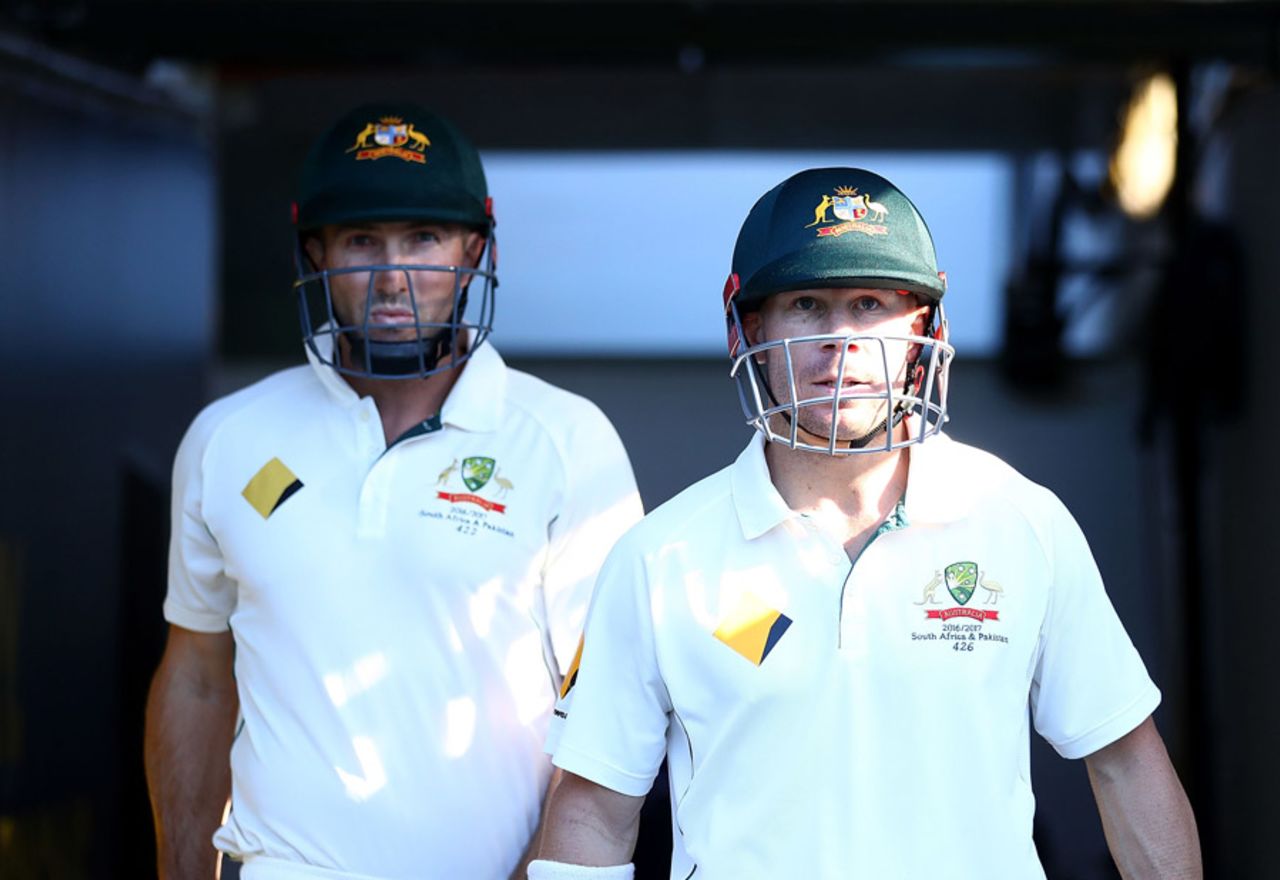 David Warner and Shaun Marsh walk out to open the innings, Australia v South Africa, 1st Test, Perth, 1st day, November 3, 2016
