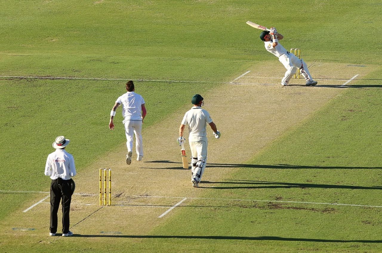 David Warner arches back as he ramps Dale Steyn for a six, Australia v South Africa, 1st Test, Perth, 1st day, November 3, 2016