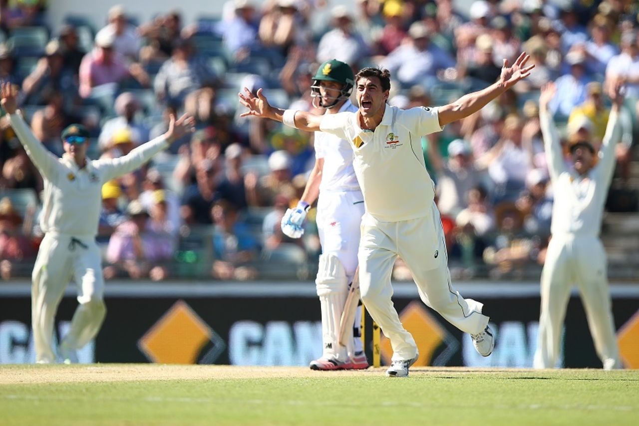 Mitchell Starc bellows out an appeal, Australia v South Africa, 1st Test, Perth, 2nd day, November 4, 2016